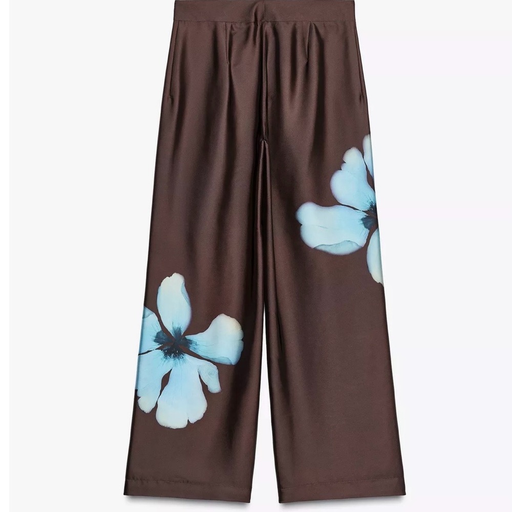 Zara Brown Pants with Blue Floral Print Size Medium